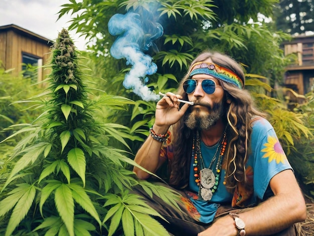 Photo un hippie fume un joint parmi les plantes de cannabis