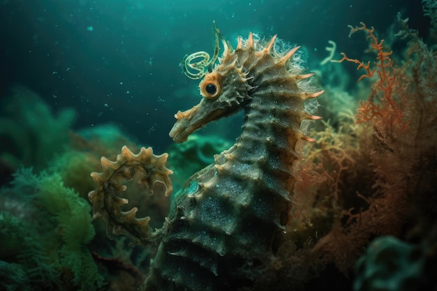 Hippocampe dansant magique dans un décor sous-marin IA générative