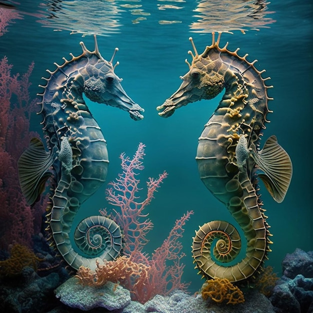 Hippocampes dans l'eau avec un fond bleu