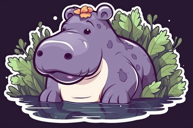 Un hippopotame de bande dessinée dans l'eau avec une fleur sur sa tête