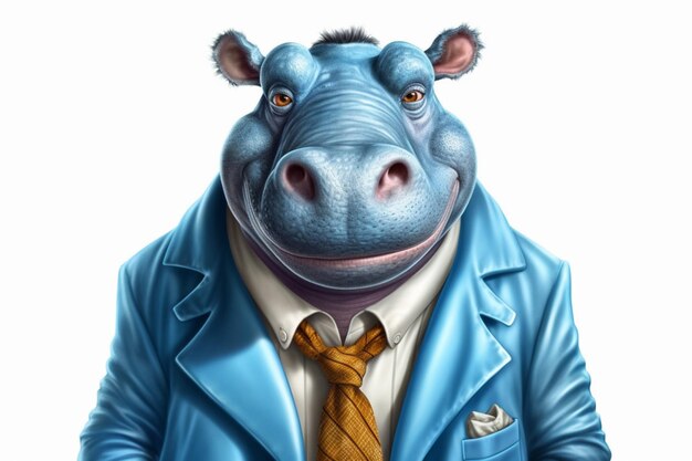 Un hippopotame de bande dessinée avec une veste bleue et des yeux bleus