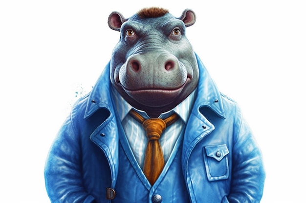 Un hippopotame de bande dessinée avec une veste bleue et des yeux bleus