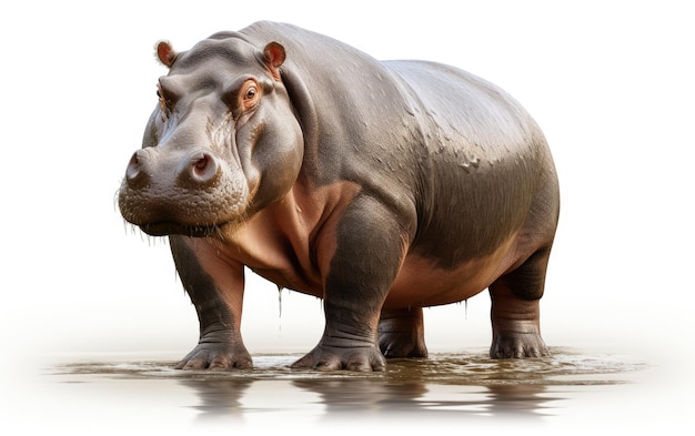 Hippopotame brun dans l'eau isolé sur fond blanc