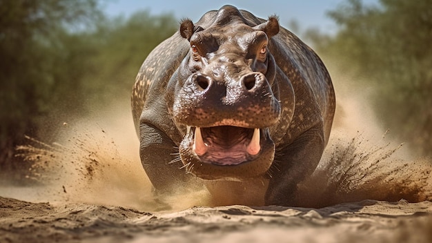 Un hippopotame en charge se précipite vers la caméra avec des mâchoires puissantes AI générative