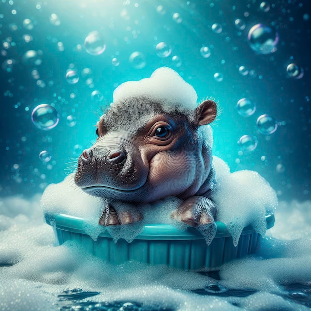 hippopotame dans le bain avec de la mousse et des bulles de fond bleu brillant