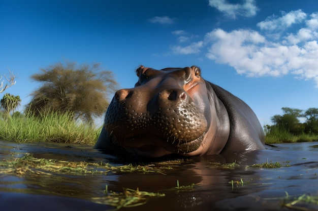 Un hippopotame dans l'eau avec un ciel bleu en arrière-plan