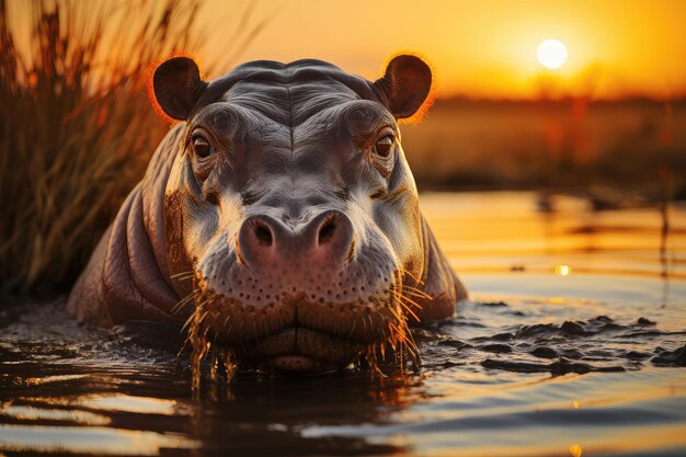 hippopotame dans le lac large terre coucher de soleil à l'horizon ai généré
