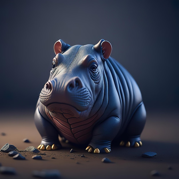 Un hippopotame de dessin animé avec un fond bleu et un fond sombre.