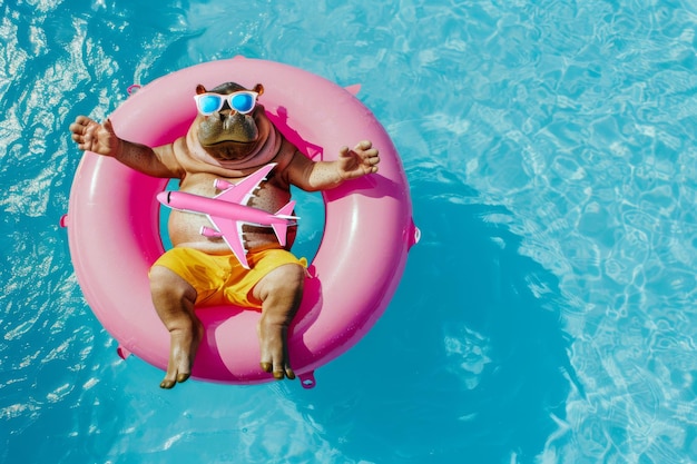 Un hippopotame drôle dans la piscine avec un avion jouet avec des lunettes de soleil sur un tour de piscine gonflable rose