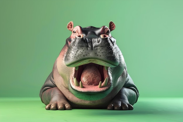 Un hippopotame enjoué affiche un sourire ludique dans un studio vert et vibrant