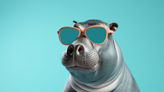 Photo un hippopotame enjoué avec des lunettes de soleil dans un style rétro glamour sur un fond turquoise