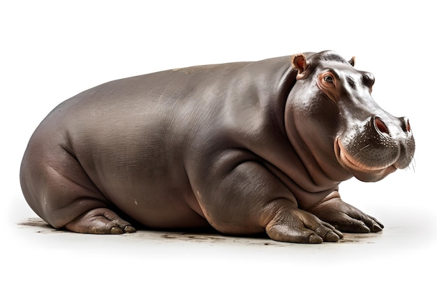 Un hippopotame est assis sur un fond blanc.