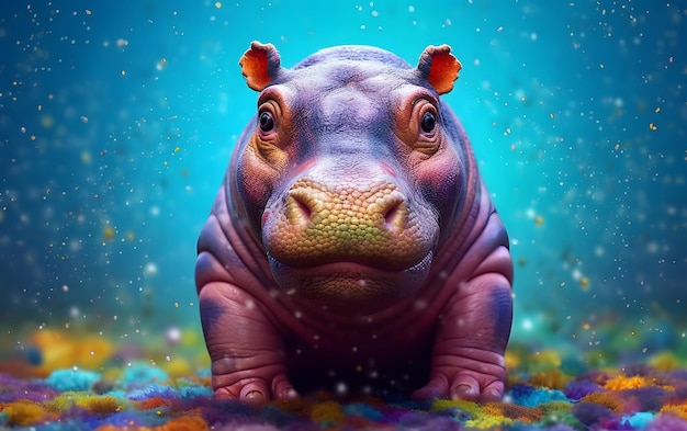 Un hippopotame avec un fond bleu et le mot hippo dessus
