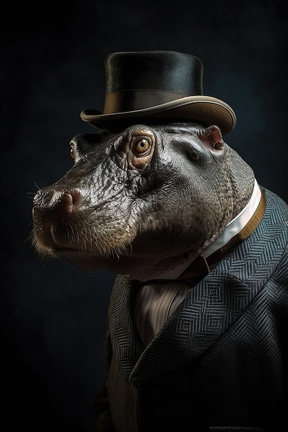 hippopotame habillé en gentleman portrait photographie