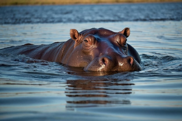 Un hippopotame immergé dans l'eau avec les yeux plongeant