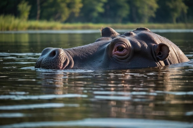 Un hippopotame immergé dans l'eau avec les yeux plongeant