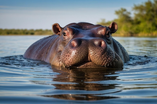 Un hippopotame immergé dans l'eau avec les yeux plongeant