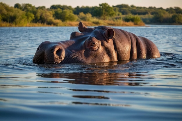 Photo un hippopotame immergé dans l'eau avec les yeux plongeant