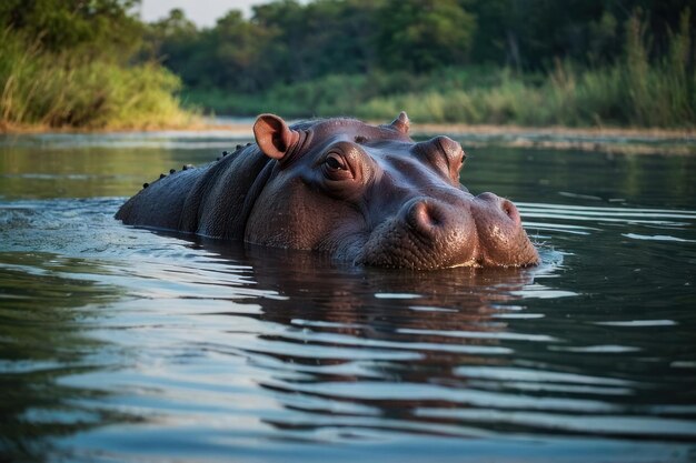 Photo un hippopotame immergé dans l'eau avec les yeux plongeant