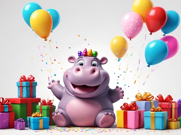 Un hippopotame mignon souriant à la fête avec des présents de ballons et des confettis isolés sur un fond blanc