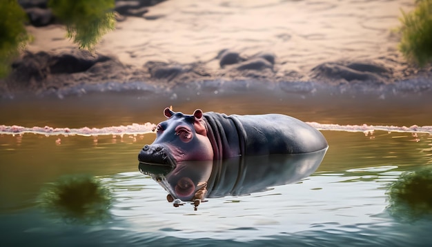 un hippopotame nage dans l'eau avec sa tête dans l' eau.