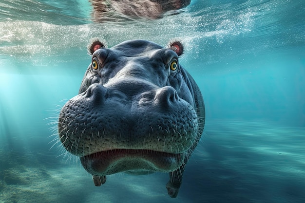 Hippopotame nageant sous l'eau en gros plan