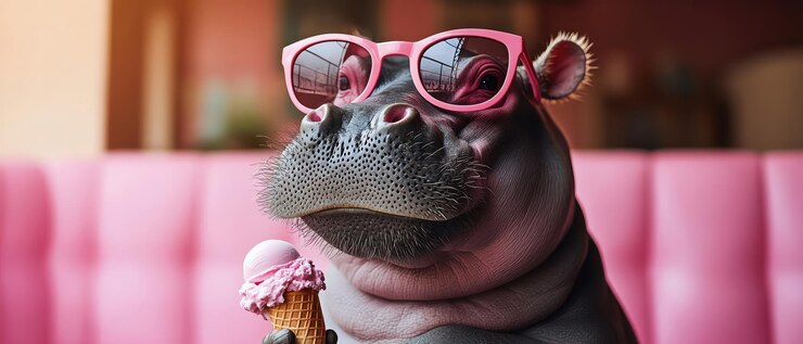 Photo un hippopotame portant des lunettes de soleil roses tenant un cône de crème glacée amusant et bizarre sur un fond rose