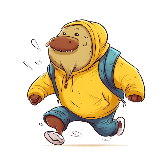 Un hippopotame portant un sweat à capuche jaune avec un sac à dos bleu.