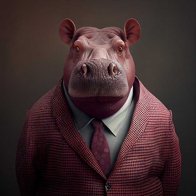 Un hippopotame vêtu d'un costume et d'une cravate se tient devant un fond sombre.