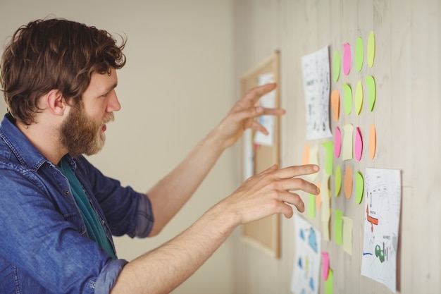 Hipster barbu regardant le mur de remue-méninges