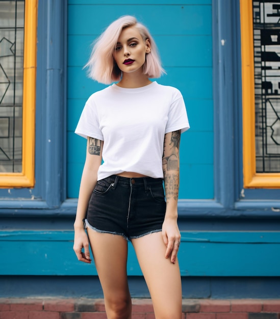 Photo hipster fille portant un t-shirt blanc vierge et un jean posant contre un mur de rue rugueux urba minimaliste