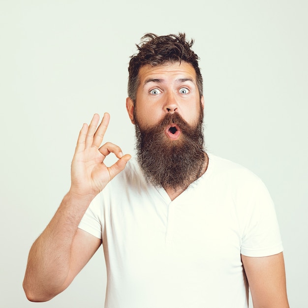 Le hipster masculin barbu satisfait montre un signe ok, démontre son accord, prouve que tout est merveilleux. Concept de langage corporel, montrant OK. Présentation de votre produit. Expressions faciales expressives