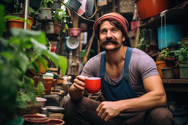 Hipster avec une moustache bouclée et une tasse de boisson ouvrier d'artisanat dans une petite entreprise se reposant avec une tasse