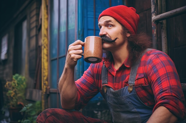Hipster avec une moustache bouclée et une tasse de boisson ouvrier d'artisanat dans une petite entreprise se reposant avec une tasse
