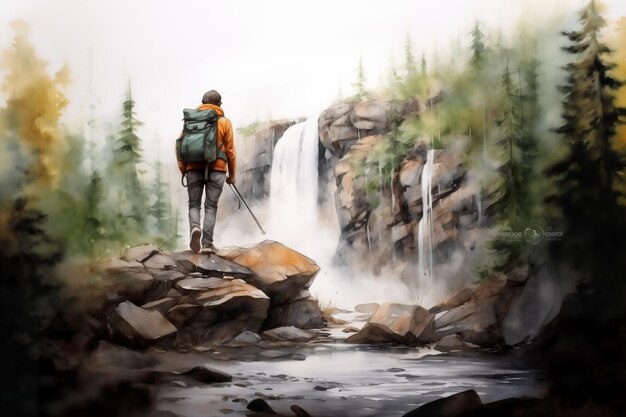 Photo un hipster touriste avec un sac à dos dans des vêtements de trekking actif se tient près de la cascade de la rivière de montagne