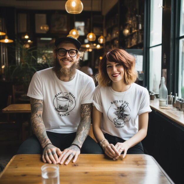 Les hipsters dans les cafés, la mode des T-shirts noirs et blancs.