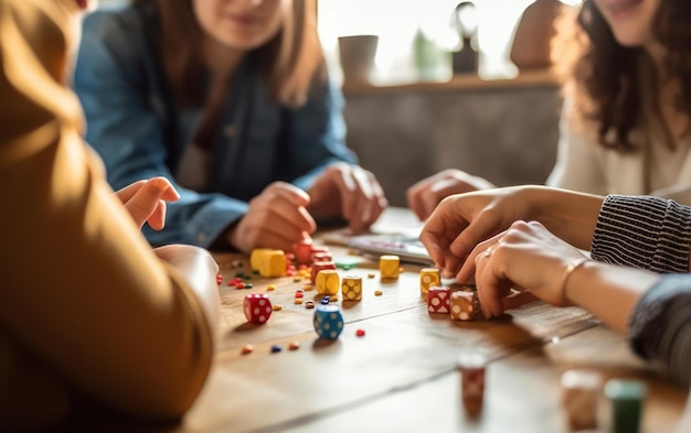 Photo des hipsters multiculturels heureux jouant au jeu assis à table ia générative