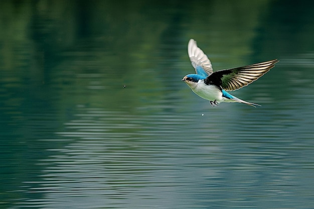 Une hirondelle s'élançant sur un lac