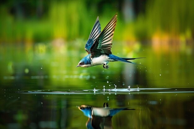 Une hirondelle s'élançant sur un lac