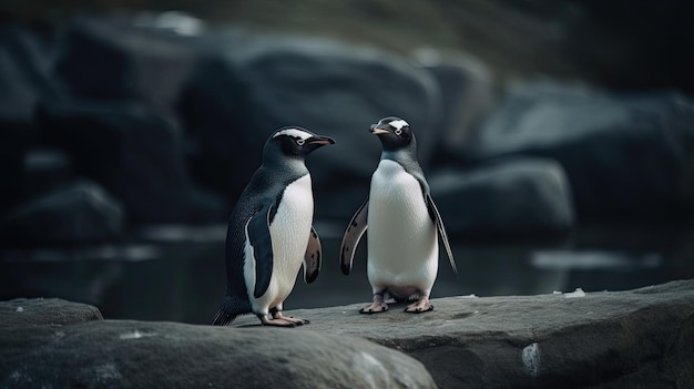 Une histoire d'amour durable Les pingouins empereurs s'embrassent sur une roche froide de l'Antarctique