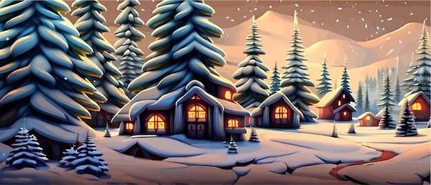 L'hiver arrive Nuit enneigée avec des maisons de forêts de conifères dans des guirlandes lumineuses de neige tombant des forêts de neige