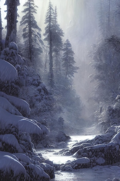 L'hiver dans les bois avec des arbres couverts de neige et un paysage de montagne spectaculaire éclairé par la lumière du soleil