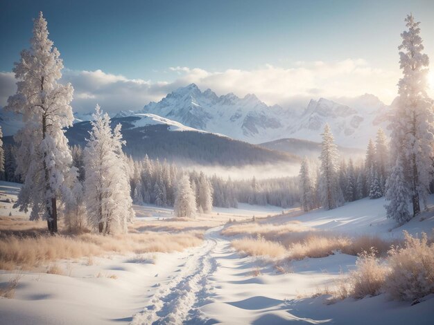 L'hiver dans les montagnes, le sapin dans la neige, l'aube en hiver, une zone boisée au lever du soleil, l'aube dans les rayons.
