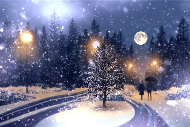 L'hiver dans le parc de la ville du soir, la grande lune, la lanterne de rue, les flocons de neige légers tombent couverts d'arbres à neige