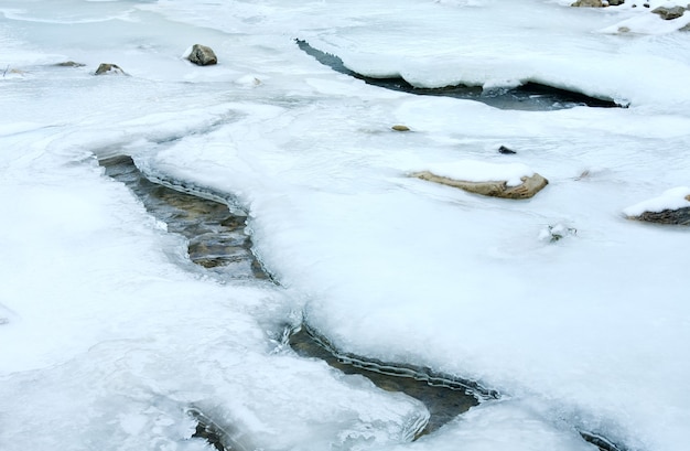 Hiver (début du printemps) vue sur la rivière de montagne avec de la glace sur la surface de l'eau