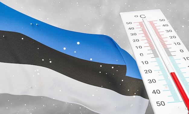 Photo l'hiver en estonie avec des températures froides et négatives sévères la saison froide en estonie le temps le plus froid et le plus cruel d'estonie drapeau estonie avec thermomètre travail 3d et image 3d