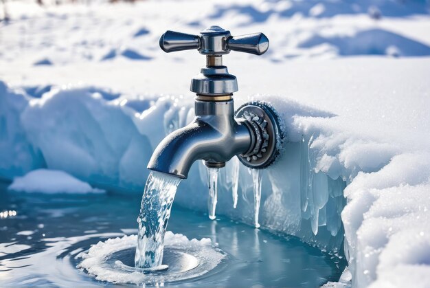 En hiver, un gros plan révèle un robinet gelé, son mélangeur d'eau entouré de glace et de neige.