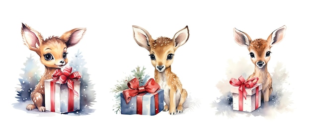 Hiver mignon cerf avec cadeau de noël aquarelle ai généré joyeux ornement décoration année 3d arbre hiver mignon cerf avec illustration aquarelle de cadeau de noël