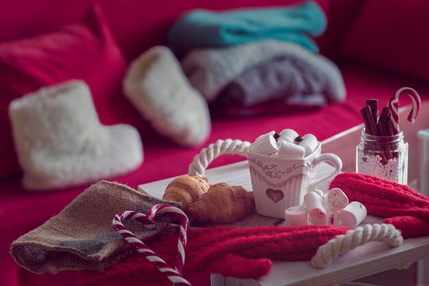 hiver nature morte dans le salon intérieur de la maison