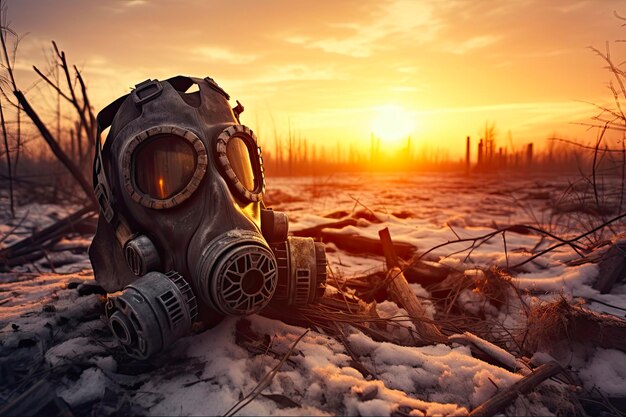 L'hiver nucléaire, symbole de la guerre post-apocalyptique, un coucher de soleil spectaculaire sur des ruines couvertes de neige avec